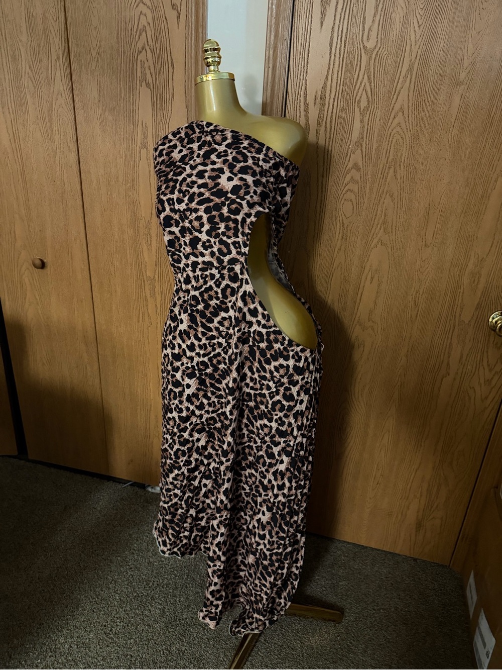 Leopard Print One-Shoulder Cutout Maxi Dress in Brown